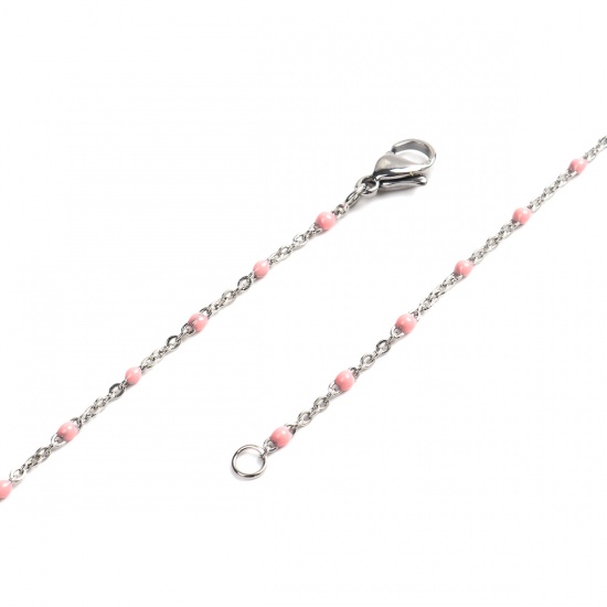Bild von 304 Edelstahl Gliederkette Kette Halskette Silberfarbe Rosa Emaille 60cm lang, 1 Strang