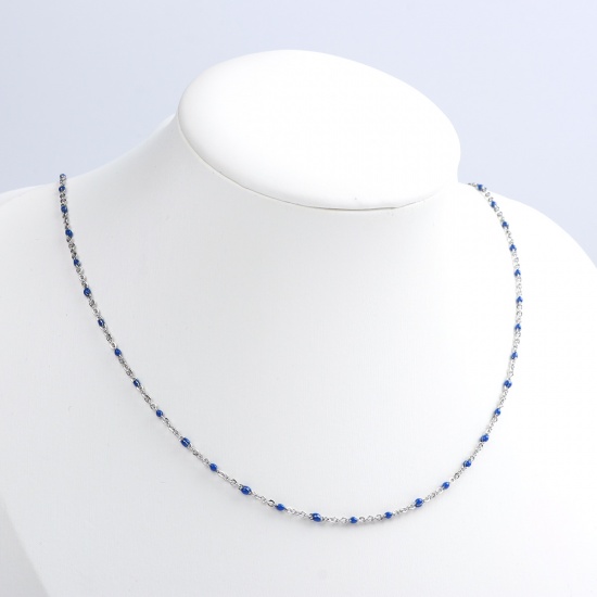 Bild von 304 Edelstahl Gliederkette Kette Halskette Silberfarbe Blau Emaille 60cm lang, 1 Strang