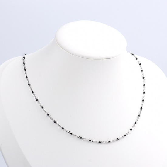 Bild von 304 Edelstahl Gliederkette Kette Halskette Silberfarbe Schwarz Emaille 60cm lang, 1 Strang