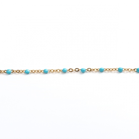 Picture of 304 Stainless Steel Link Cable Chain Necklace Gold Plated Light Blue Enamel 60cm(23 5/8") long, 1 Piece