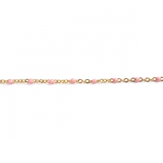 Picture of 304 Stainless Steel Link Cable Chain Necklace Gold Plated Pink Enamel 60cm(23 5/8") long, 1 Piece