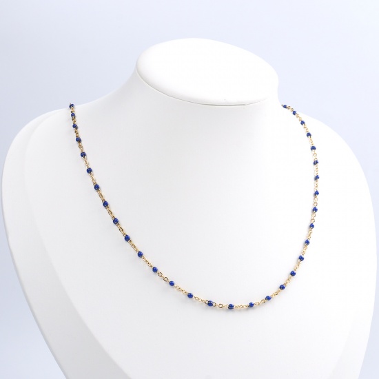 Picture of 304 Stainless Steel Link Cable Chain Necklace Gold Plated Blue Enamel 60cm(23 5/8") long, 1 Piece