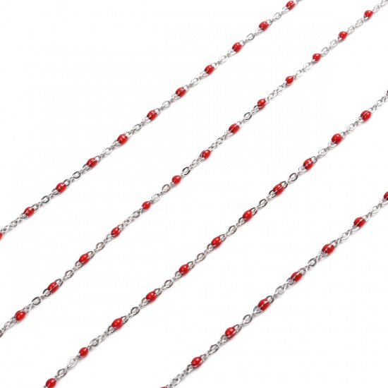 Picture of 304 Stainless Steel Link Cable Chain Silver Tone Red Enamel 2.5x2mm, 1 M