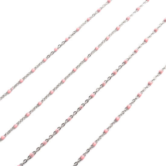 Picture of 304 Stainless Steel Link Cable Chain Silver Tone Pink Enamel 2.5x2mm, 1 M