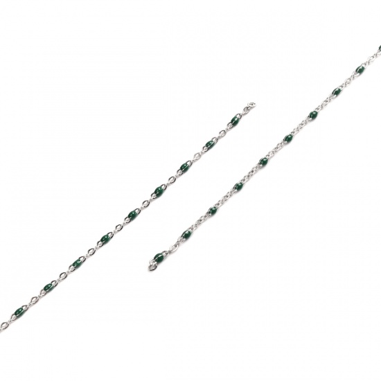 Picture of 304 Stainless Steel Link Cable Chain Silver Tone Dark Green Enamel 2.5x2mm, 1 M