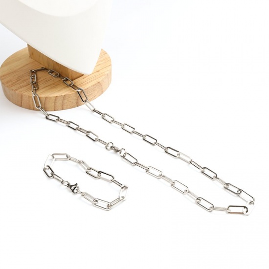 Picture of 304 Stainless Steel Jewelry Paperclip Chains Necklace Bracelets Set Silver Tone Oval 60cm(23 5/8") long, 19cm(7 4/8") long, 1 Set