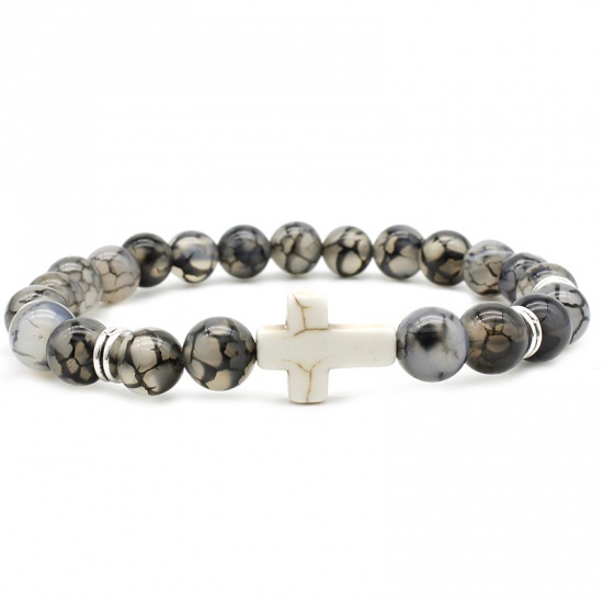 Picture of Natural Dragon Bone Stone Elastic Dainty Bracelets Delicate Bracelets Beaded Bracelet Black Round Cross 1 Piece