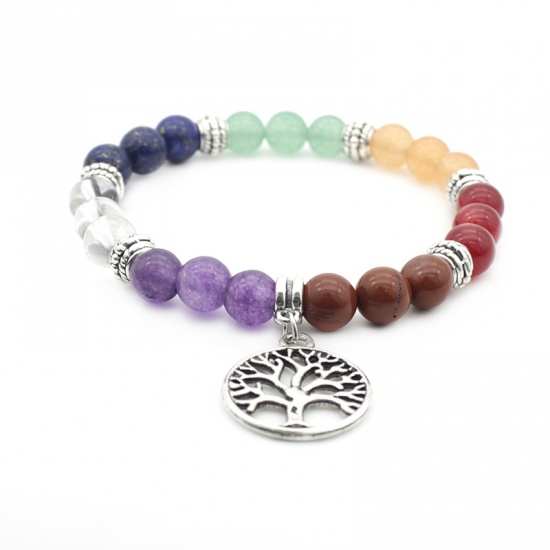 Picture of Natural Gemstone Yoga Healing Elastic Dainty Bracelets Delicate Bracelets Beaded Bracelet Multicolor Silver Tone Round Tree 19cm(7 4/8") long, 1 Piece