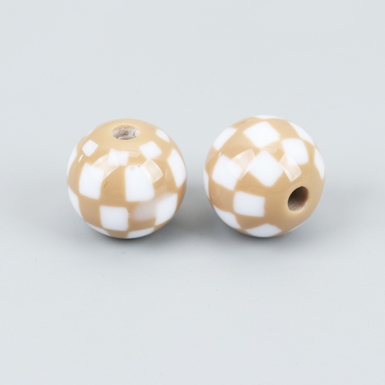Picture of Resin Spacer Beads Round Khaki Grid Checker Pattern About 15mm Dia, Hole: Approx 3.4mm, 10 PCs