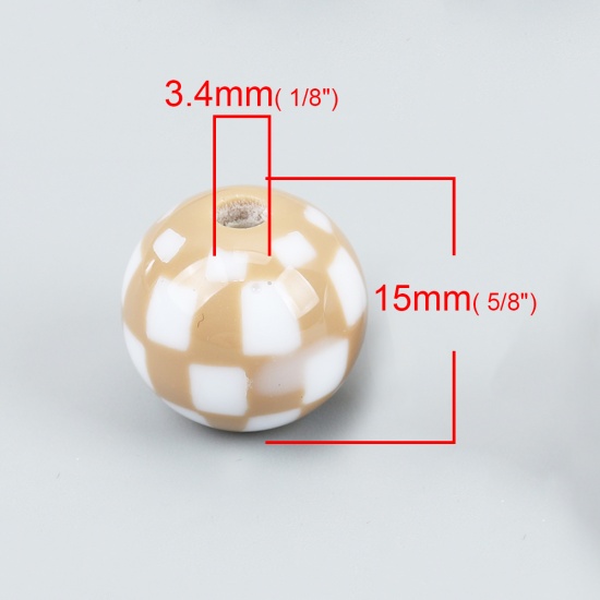 Picture of Resin Spacer Beads Round Khaki Grid Checker Pattern About 15mm Dia, Hole: Approx 3.4mm, 10 PCs
