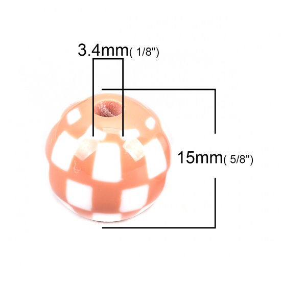 Picture of Resin Spacer Beads Round Peach Pink Grid Checker Pattern About 15mm Dia, Hole: Approx 3.4mm, 10 PCs
