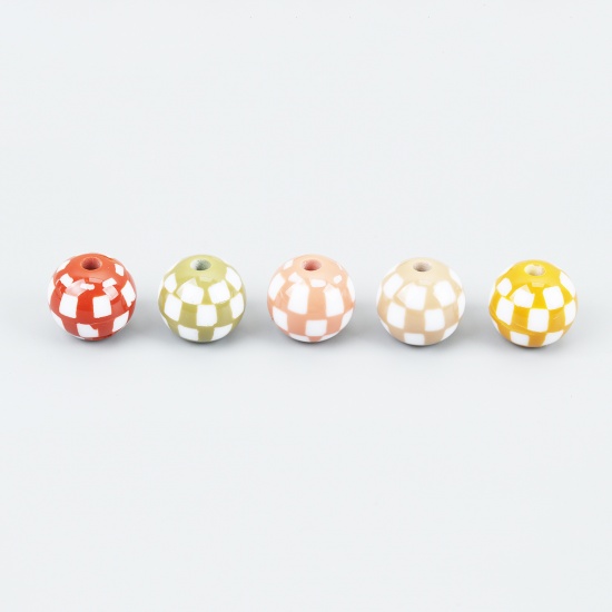 Picture of Resin Spacer Beads Round Peach Pink Grid Checker Pattern About 15mm Dia, Hole: Approx 3.4mm, 10 PCs