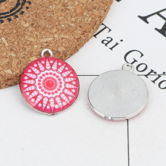 Picture of Zinc Based Alloy Charms Round Silver Tone White & Red Flower Enamel 22mm x 18mm, 10 PCs
