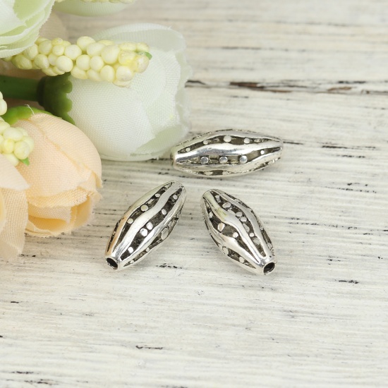 Picture of Zinc Based Alloy Spacer Beads Marquise Antique Silver Color Stripe Hollow About 18mm x 8mm, Hole: Approx 1.8mm, 10 PCs