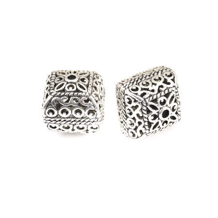 Lega di Zinco Perline Quadrato Argento Antico Intagliato Scolpisce Circa 14mm x 14mm, Foro:Circa 1.8mm, 5 Pz