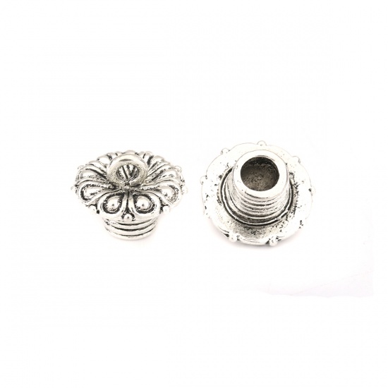 Picture of Zinc Based Alloy Cord End Caps Screw Antique Silver Carved Pattern (Fits 5mm Cord) 15mm x 11mm, 20 PCs