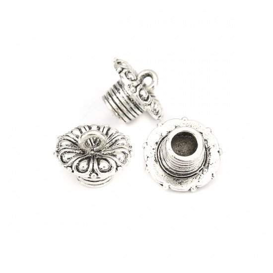 Picture of Zinc Based Alloy Cord End Caps Screw Antique Silver Carved Pattern (Fits 5mm Cord) 15mm x 11mm, 20 PCs