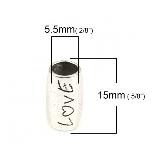 亜鉛合金 スペーサー ビーズ 円筒形 銀古美 ハート彫刻 文字 " LOVE " 約 15mm x 9mm、 穴：約 5.5mm、 10 個 の画像