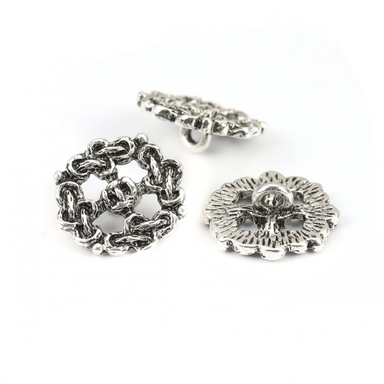 Picture of Zinc Based Alloy Metal Sewing Shank Buttons Circle Ring Antique Silver Color Celtic Knot Carved 17mm Dia., 10 PCs