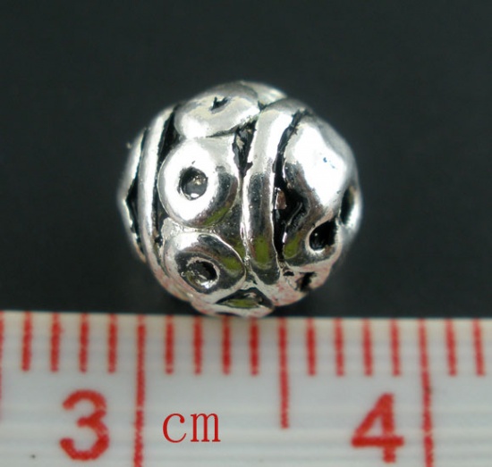 Picture of Zinc Based Alloy Spacer Beads Ball Antique Silver Color Circle Carved About 8mm Dia, Hole:Approx 1.3mm, 40 PCs