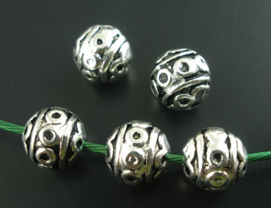 Picture of Zinc Based Alloy Spacer Beads Ball Antique Silver Color Circle Carved About 8mm Dia, Hole:Approx 1.3mm, 40 PCs