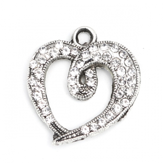 Picture of Zinc Based Alloy Charms Heart Antique Silver Clear Rhinestone 28mm x 25mm, 2 PCs