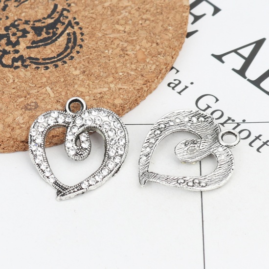 Picture of Zinc Based Alloy Charms Heart Antique Silver Clear Rhinestone 28mm x 25mm, 2 PCs