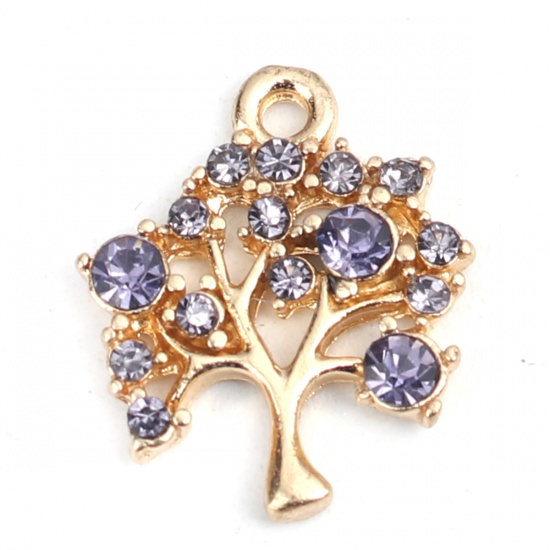 Picture of Zinc Based Alloy Charms Tree Gold Plated Blue Violet Rhinestone 16mm x 14mm, 5 PCs