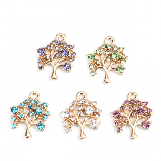 Picture of Zinc Based Alloy Charms Tree Gold Plated Green Rhinestone 16mm x 14mm, 5 PCs