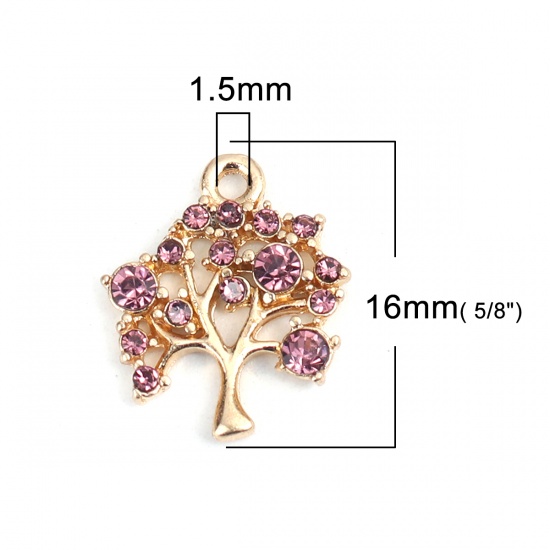 Picture of Zinc Based Alloy Charms Tree Gold Plated Purple Rhinestone 16mm x 14mm, 5 PCs