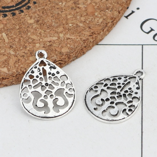 Picture of Zinc Based Alloy Charms Drop Antique Silver Color Filigree 21mm x 16mm, 20 PCs