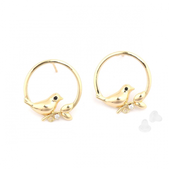 Picture of Brass Ear Post Stud Earrings Gold Plated Round Bird W/ Loop Black & Clear Rhinestone 21mm x 19mm, Post/ Wire Size: (20 gauge), 2 PCs                                                                                                                          