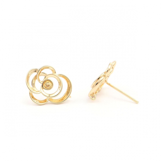 Picture of Brass Ear Post Stud Earrings Gold Plated Flower Hollow 14mm x 11mm, Post/ Wire Size: (21 gauge), 2 PCs                                                                                                                                                        