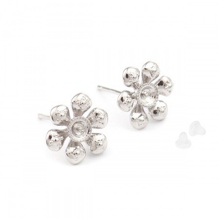 Brass Ear Post Stud Earrings Silver Tone Flower W/ Loop 12mm x 11mm, Post/ Wire Size: (20 gauge), 2 PCs