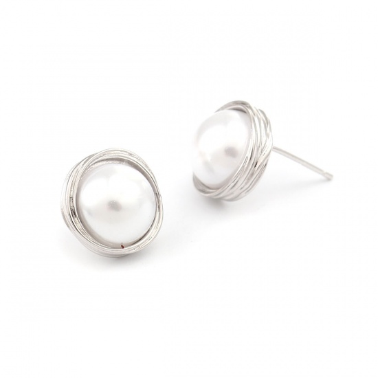 Picture of Brass Ear Post Stud Earrings Silver Tone White Round Acrylic Imitation Pearl 18mm x 12mm, Post/ Wire Size: (21 gauge), 2 PCs                                                                                                                                  