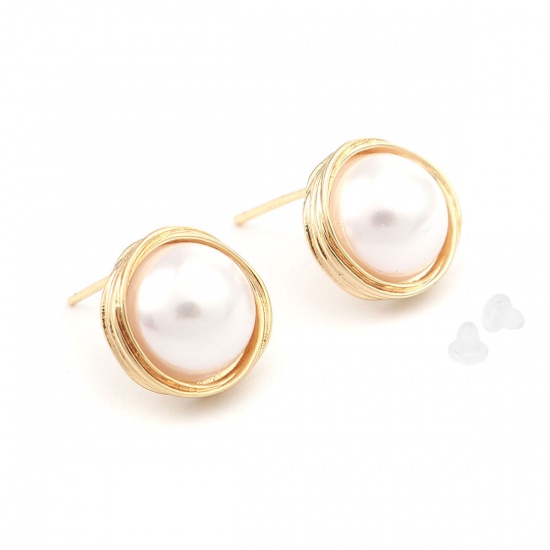 Picture of Brass Ear Post Stud Earrings Gold Plated White Round Acrylic Imitation Pearl 18mm x 12mm, Post/ Wire Size: (21 gauge), 2 PCs                                                                                                                                  