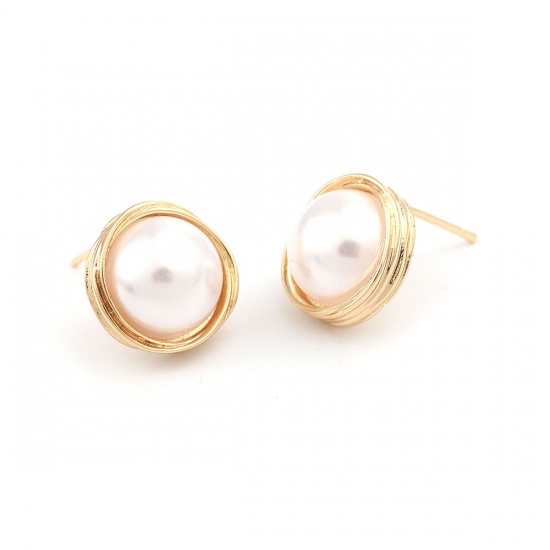 Picture of Brass Ear Post Stud Earrings Gold Plated White Round Acrylic Imitation Pearl 18mm x 12mm, Post/ Wire Size: (21 gauge), 2 PCs                                                                                                                                  