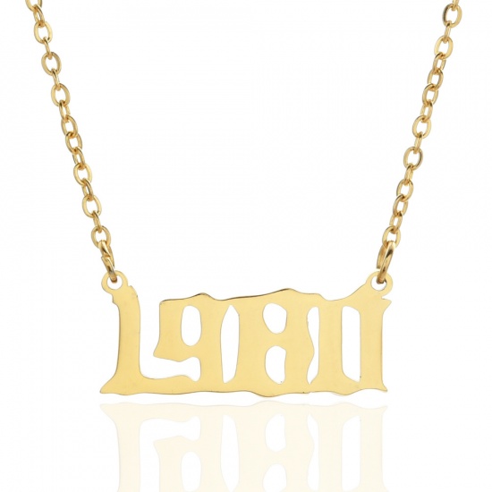 Picture of Stainless Steel Year Necklace Gold Plated Number Message " 1980 " 45cm(17 6/8") long, 1 Piece