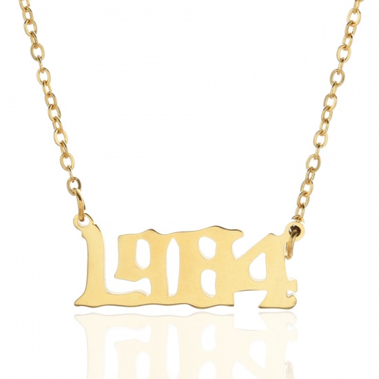 Picture of Stainless Steel Year Necklace Gold Plated Number Message " 1984 " 45cm(17 6/8") long, 1 Piece