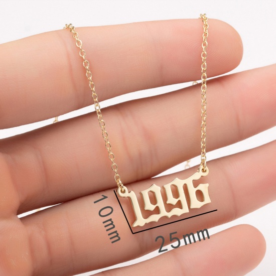 Picture of Stainless Steel Year Necklace Gold Plated Number Message " 1984 " 45cm(17 6/8") long, 1 Piece