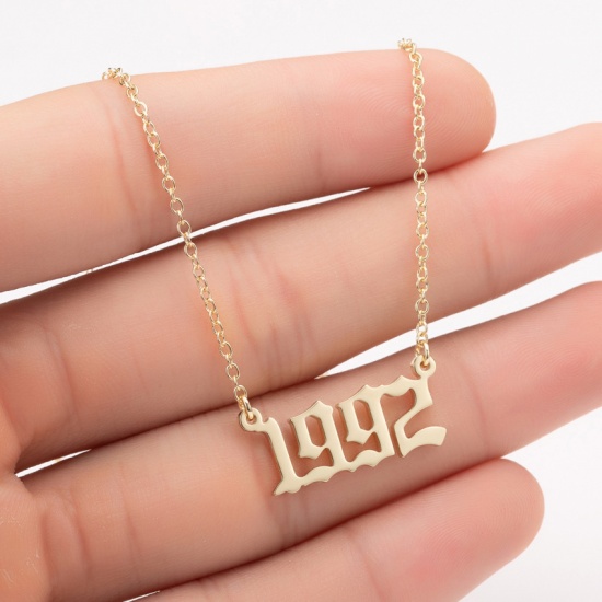 Picture of Stainless Steel Year Necklace Gold Plated Number Message " 1992 " 45cm(17 6/8") long, 1 Piece