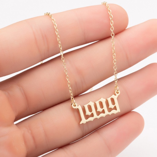 Picture of Stainless Steel Year Necklace Gold Plated Number Message " 1999 " 45cm(17 6/8") long, 1 Piece