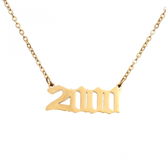 Picture of Stainless Steel Year Necklace Gold Plated Number Message " 2000 " 45cm(17 6/8") long, 1 Piece