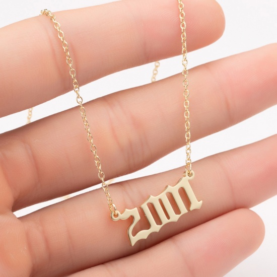 Picture of Stainless Steel Year Necklace Gold Plated Number Message " 2001 " 45cm(17 6/8") long, 1 Piece