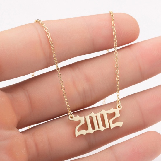 Picture of Stainless Steel Year Necklace Gold Plated Number Message " 2002 " 45cm(17 6/8") long, 1 Piece