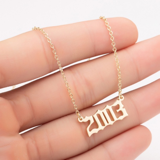 Picture of Stainless Steel Year Necklace Gold Plated Number Message " 2003 " 45cm(17 6/8") long, 1 Piece