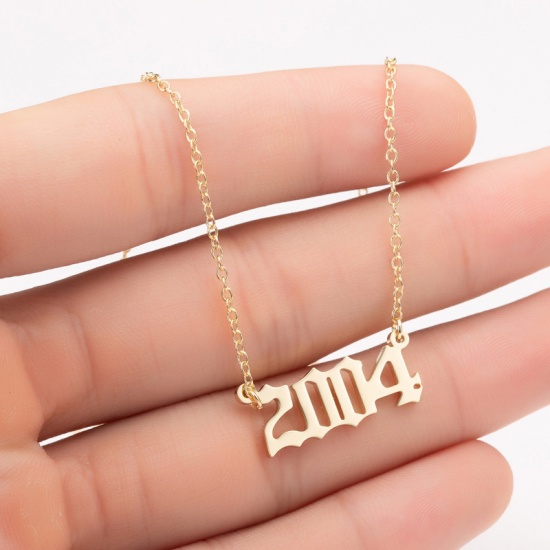 Picture of Stainless Steel Year Necklace Gold Plated Number Message " 2004 " 45cm(17 6/8") long, 1 Piece