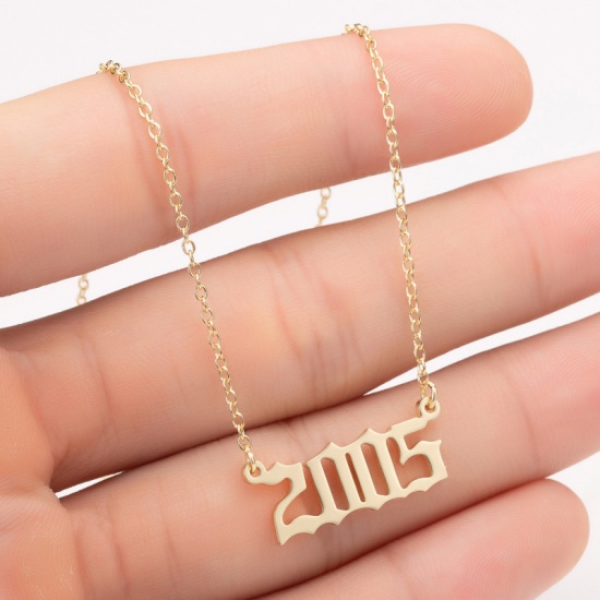Picture of Stainless Steel Year Necklace Gold Plated Number Message " 2005 " 45cm(17 6/8") long, 1 Piece