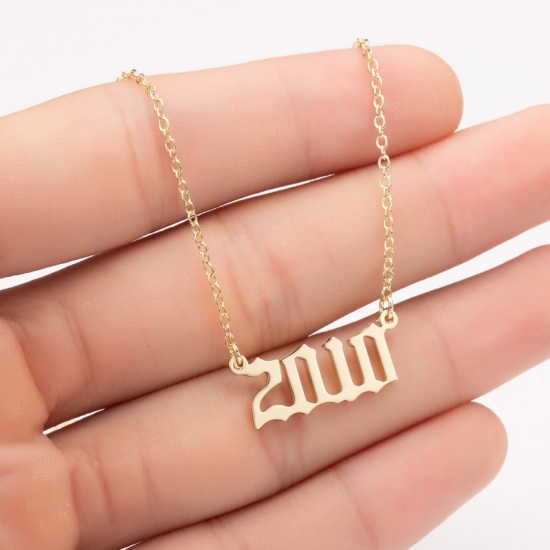 Picture of Stainless Steel Year Necklace Gold Plated Number Message " 2010 " 45cm(17 6/8") long, 1 Piece