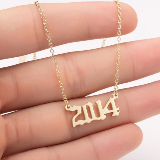 Picture of Stainless Steel Year Necklace Gold Plated Number Message " 2014 " 45cm(17 6/8") long, 1 Piece
